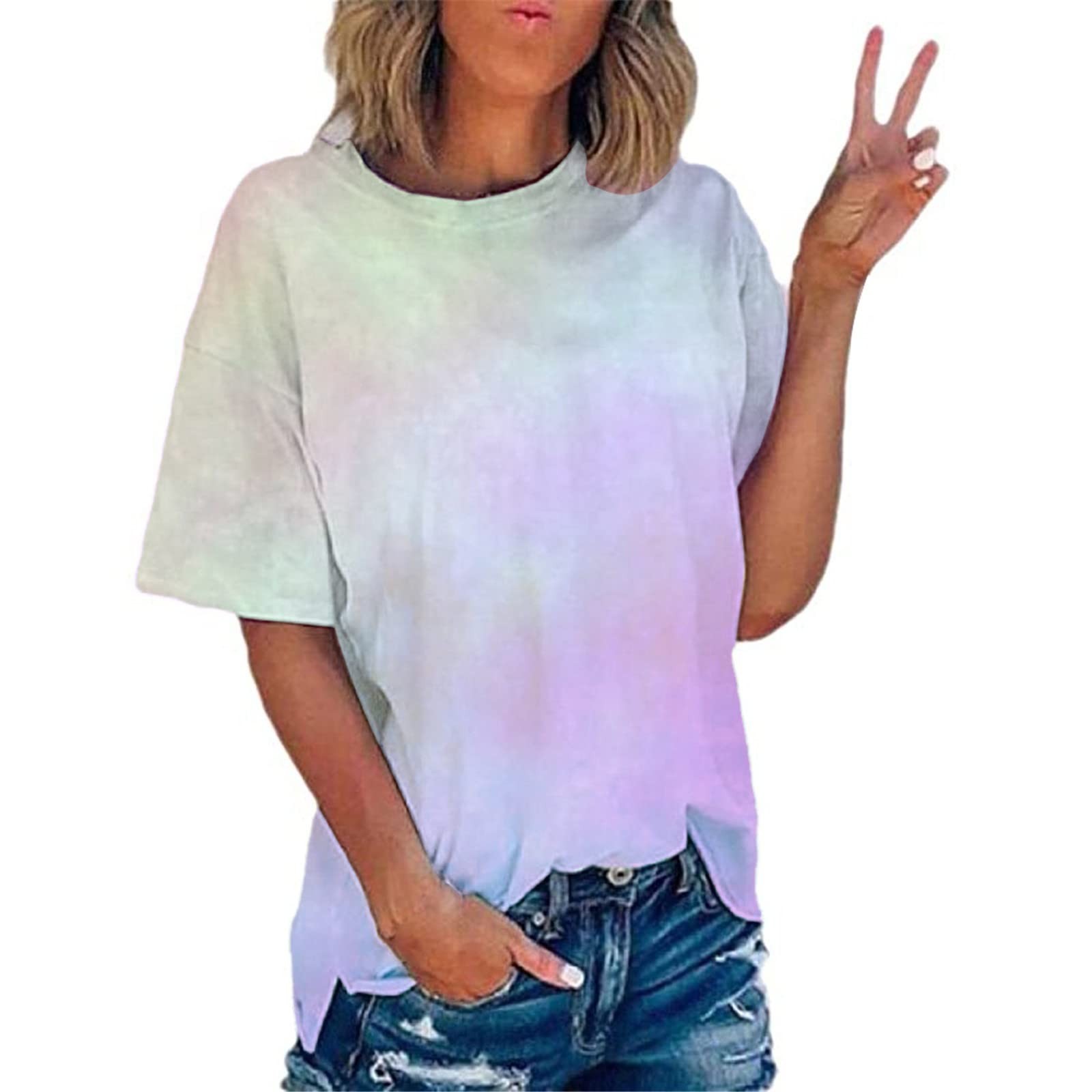 Wiyuqeen Plus Sized Summer Tops for Women Tie Dye Gradient Tees Casual Loose Short Sleeve Shirts Fashion Lightweight O-Neck Blouses Side Split Tshirts